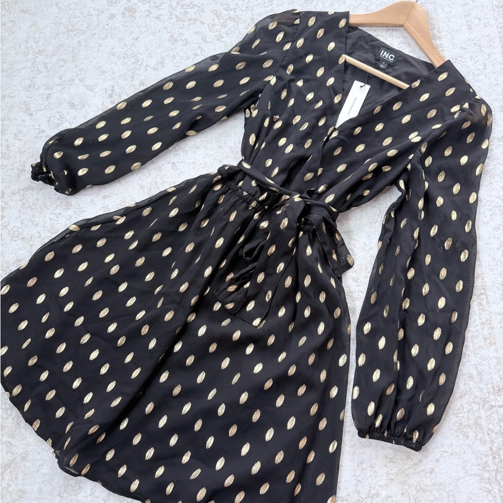 INC International Concepts Black Dress with Gold Dot Print — Wrap Tie Waist